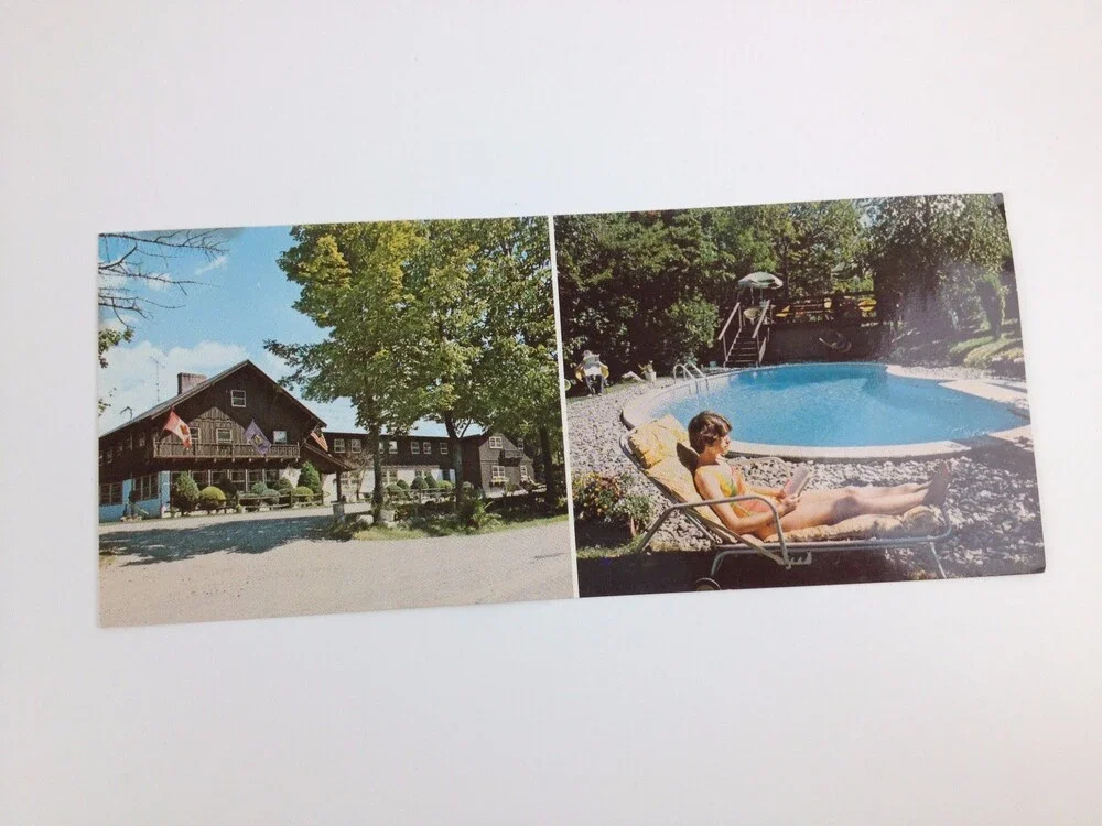 VTG Post Card Alp-Hof Lodge Mt Snow Pool Vermont Woman Sunbathing 70s Resort